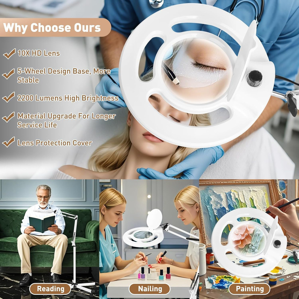10X Magnifier Floor Lamp with Dimmable LED Light for Estheticians & Crafts