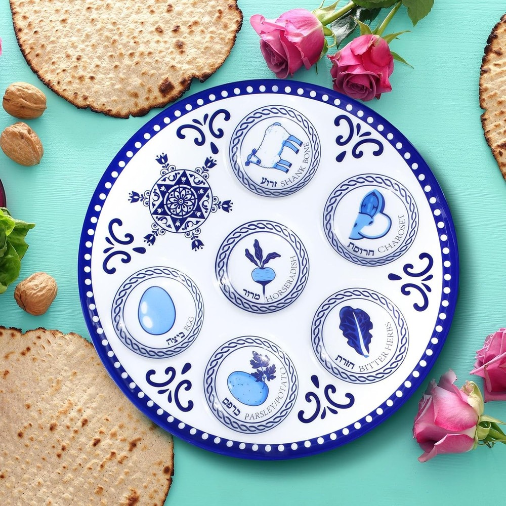 Disposable 6 Pack Seder Plates in Blue Renaissance - Dishwasher Safe & Stackable