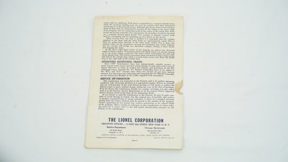 Lionel Type ZW Multi-Control Transformer Manual Instruction Sheet ONLY B8