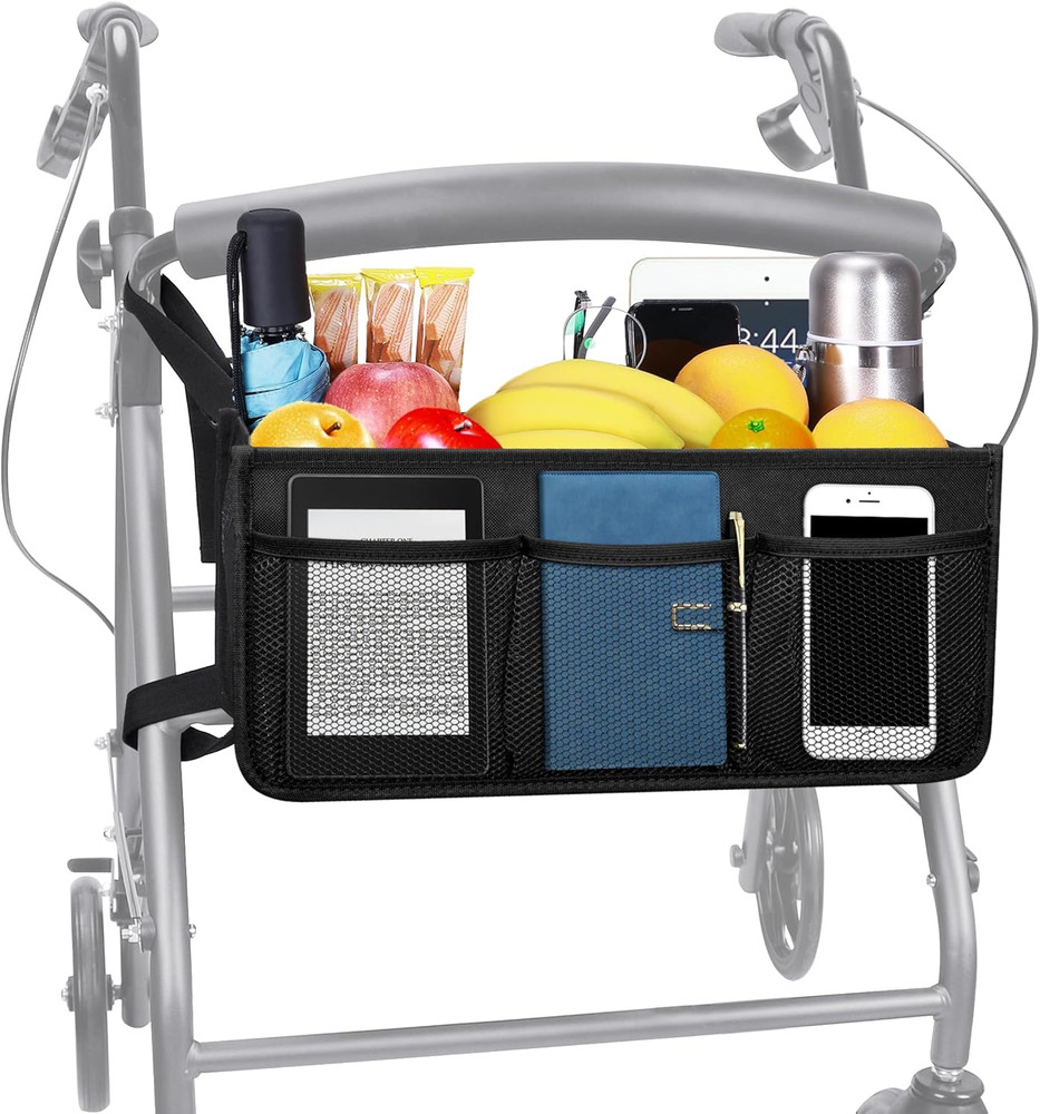 Rollator Basket with Cup Holder, Easy to Use Rollator Accessories Folding Storag