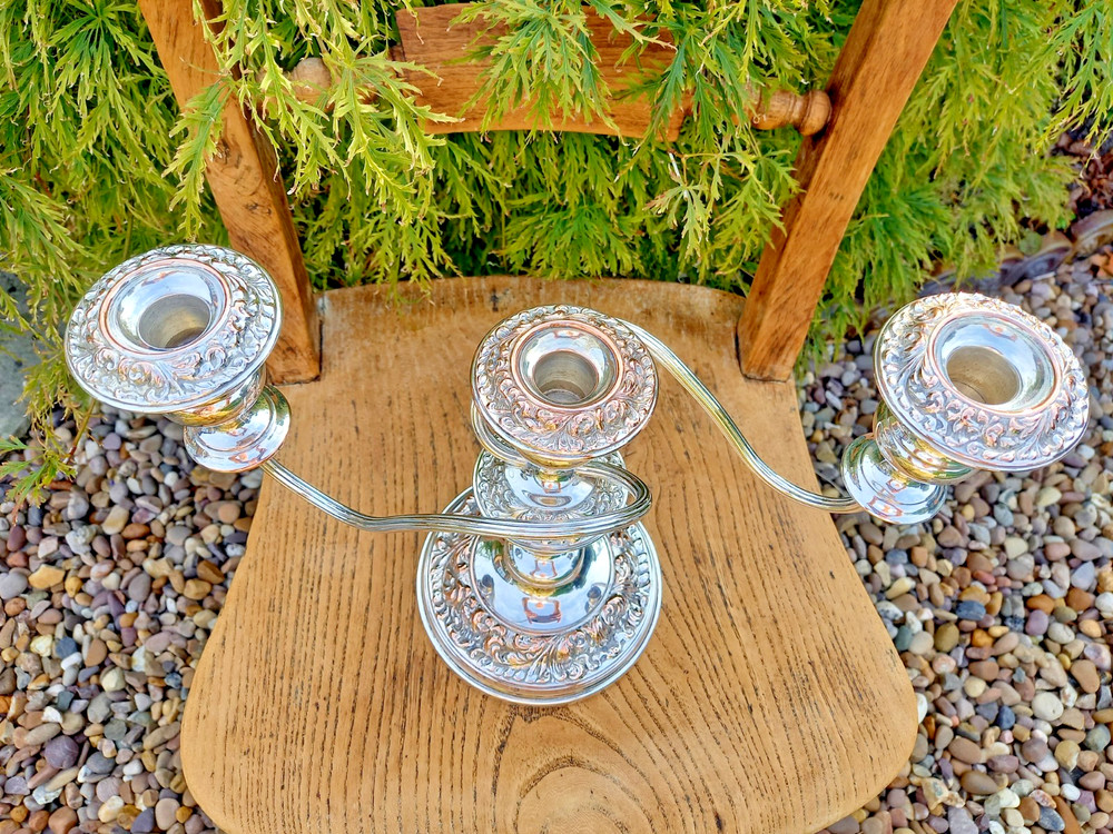 Antique Silver Plate on Copper Three Arm Candelabra