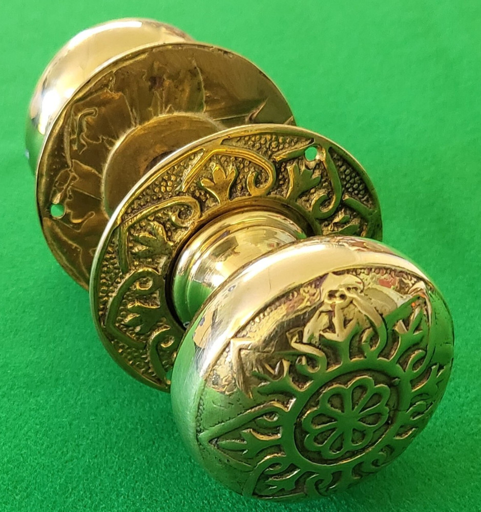 Pair ornate round cast solid brass door knobs backplates antique pull handles 2"