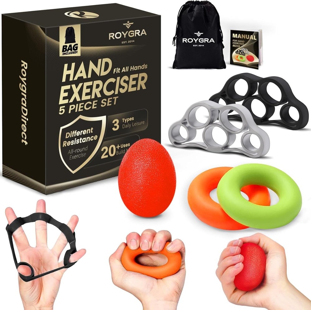 roygra Grip Strength Trainer (5 Pack), Forearm Strengthener, Stress black