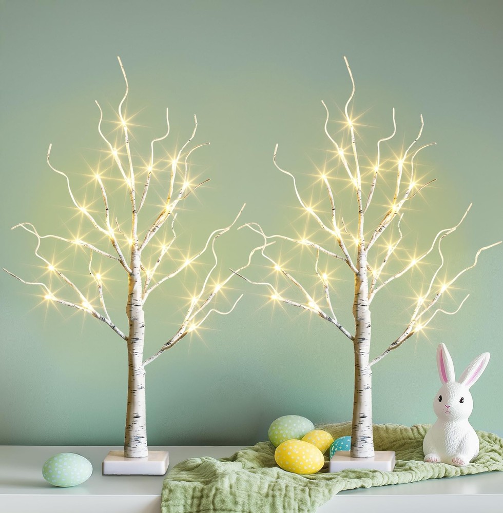 Easter Decorations, 2FT Birch Tree with LED Lights, Warm White Light up Tree ...