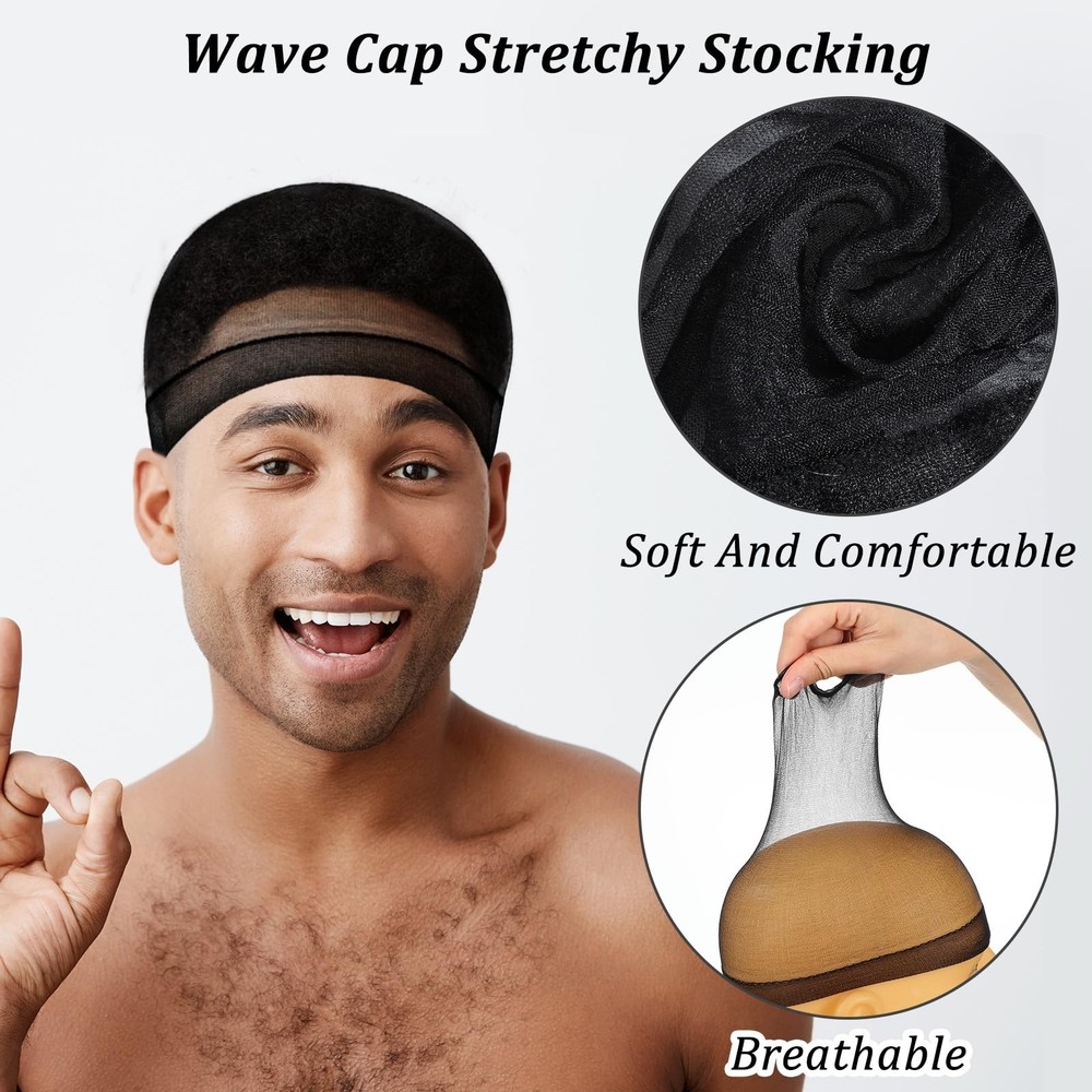 10Pcs Silky Stocking Cap Breathable Wave for Men Soft Medium, Black