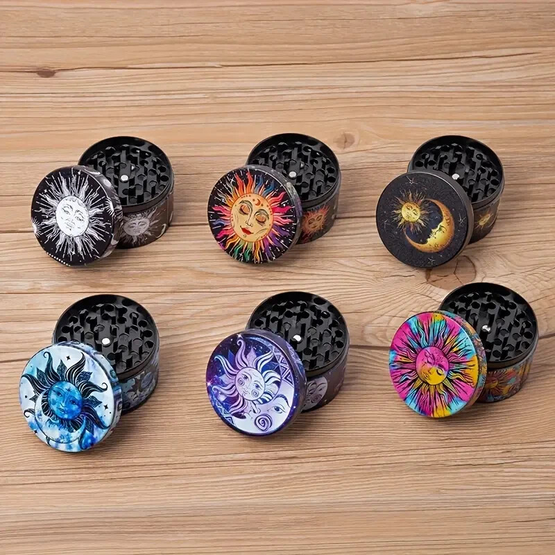 Creative Pattern Sun & Moon Herb Grinder, 2.5 inch, 4-Piece, Storage & Scraper