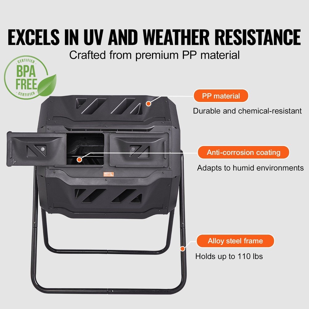 43gal Two-Section Tumbling Composter, 110lb Load, UV-Resistant