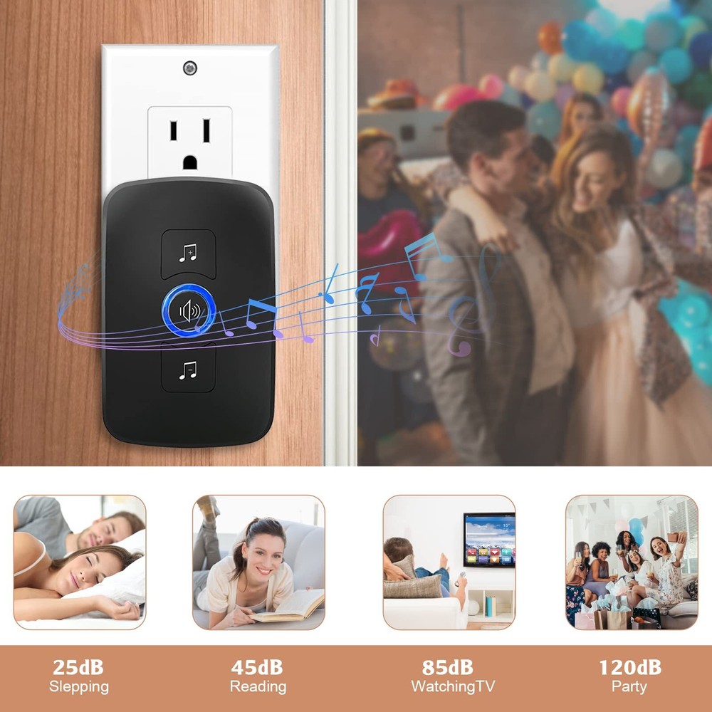Waterproof Wireless Doorbell Adjustable Volume 2 Plugin Receiver 3 Bell Button