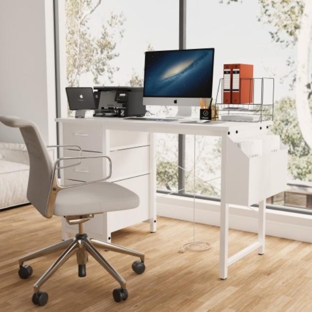 White 47.3" Home Office Desk USB Outlet 3 Storage Drawers Study Game Easy Assemb