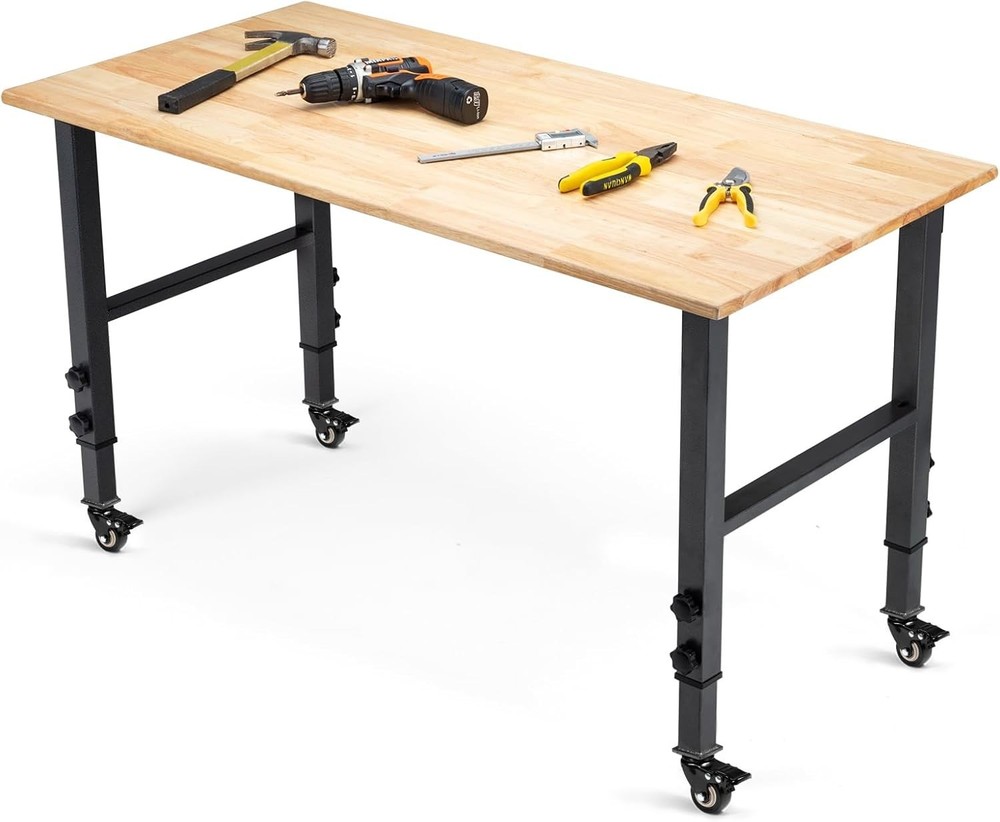 48" Adjustable Height Heavy-Duty Workbench - 2000 lbs Capacity & Lockable Wheels