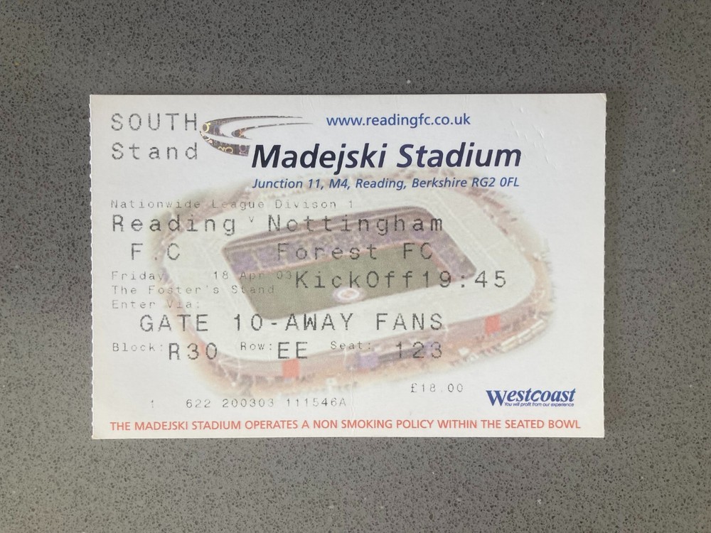 Reading v Nottingham Forest 2002-03 Match Ticket