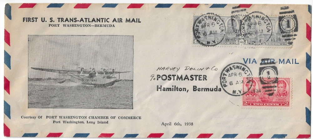 BERMUDA FIRST FLIGHT "PORT WASHINGTON,NY" 1938 2 DIFF POSTMARKS