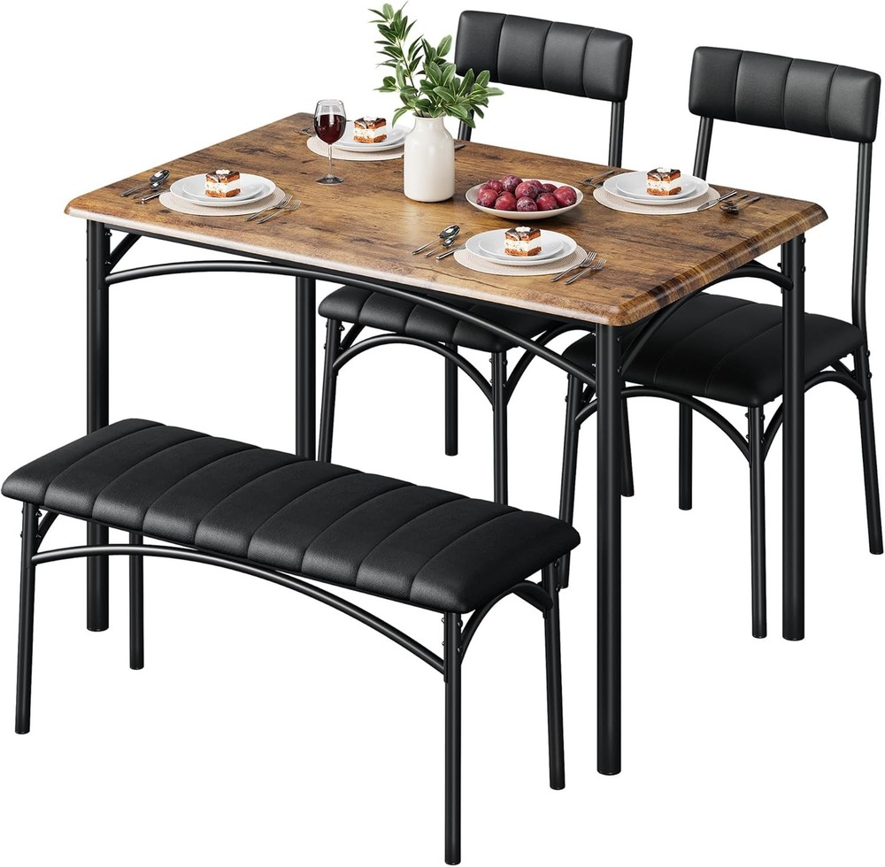 Dining Table Set 4 Space-Saving Wood Kitchen Table W/ Upholstered Bench & 2