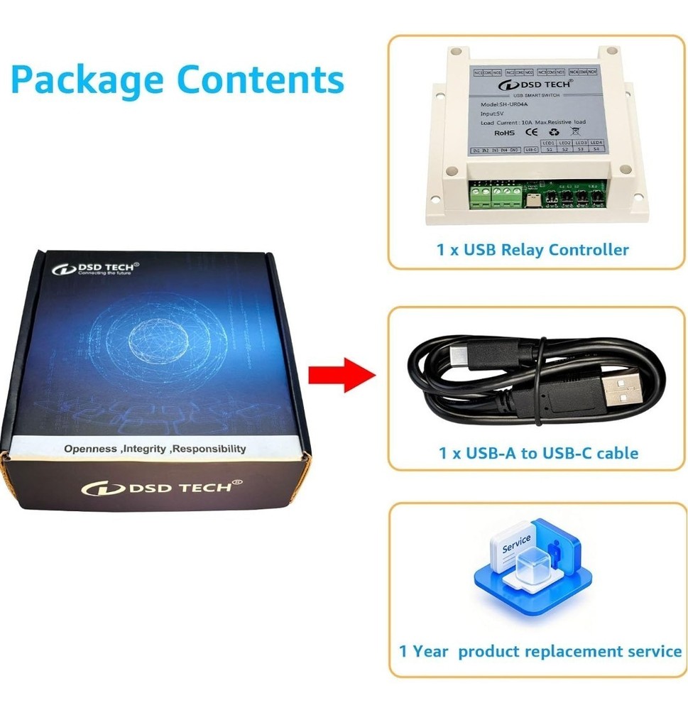 DSD TECH SH-UR04A 4-Channel USB Powered Relay Module for PC & Mac(4CH)