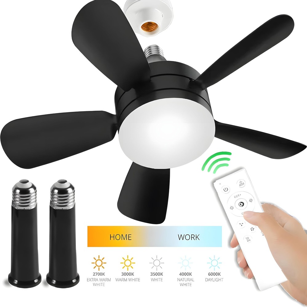 Socket Fan Light with Remote and 2 Socket Extenders, Socket Ceiling Fan Light...