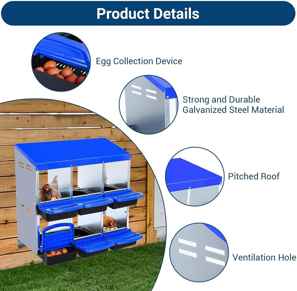 6 Hole Chicken Nesting Box Hen Egg Collection System with Rustproof Plastic Tray