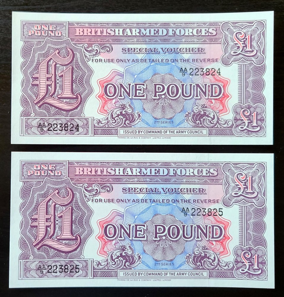 British Armed Forces Special Voucher, 1 Pound, 1948, P-M22a, Consec Pair, CH UNC