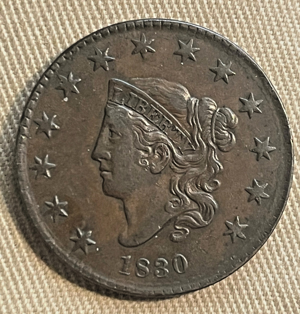 1830  Coronet head cent , Large letters, better date, EF / AU