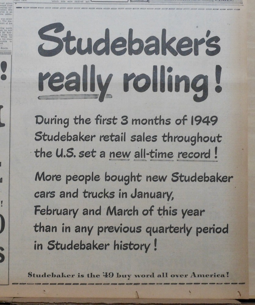 1949 newspaper ad for Studebaker - Really Rolling! sets all-time sales record