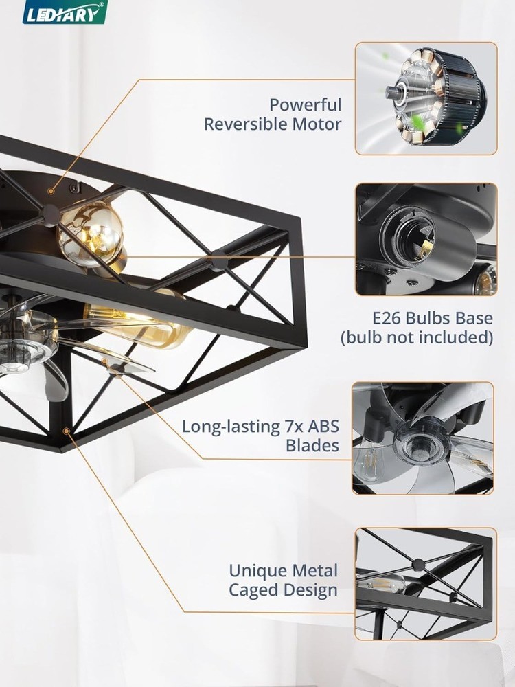 Caged Flush Mount Square Rustic Low Profile Ceiling Fans with Lights and Remote