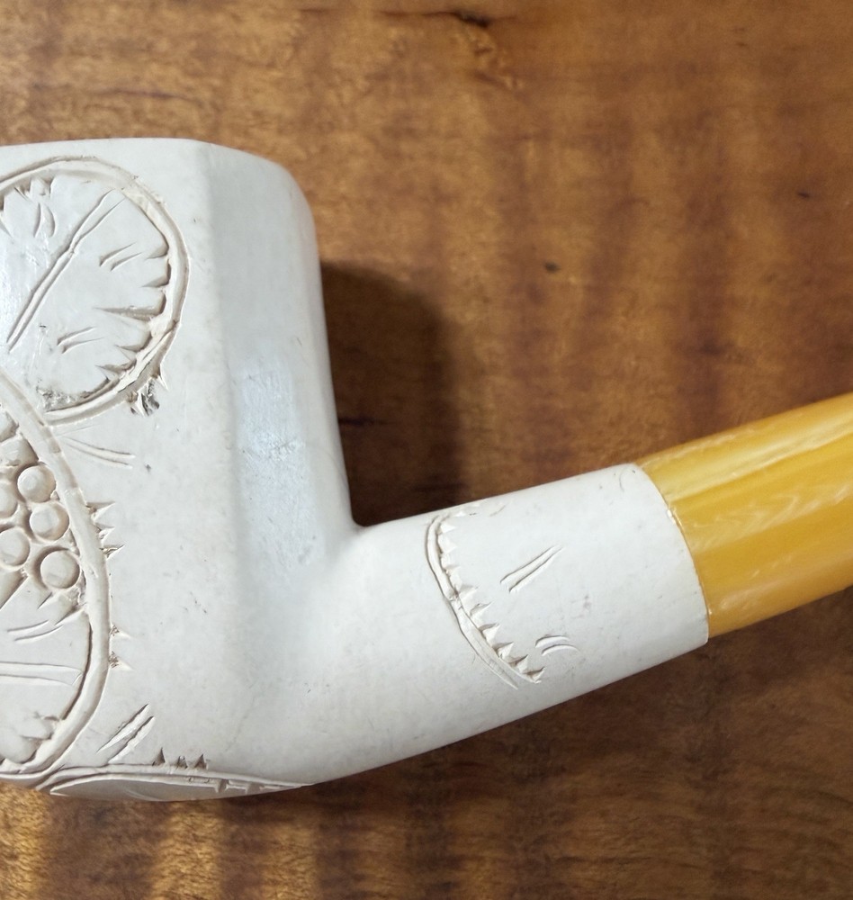 Vintage Block Meerschaum Six Panel Grape Leaf Designed Amber Stem No Case 402