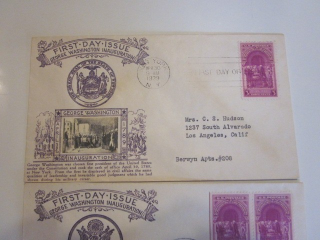 2 DIFF US COVER WASHINGTON INAUGURATION FDC & NEXT DAY SCOTT 854 CROSBY CACHETS