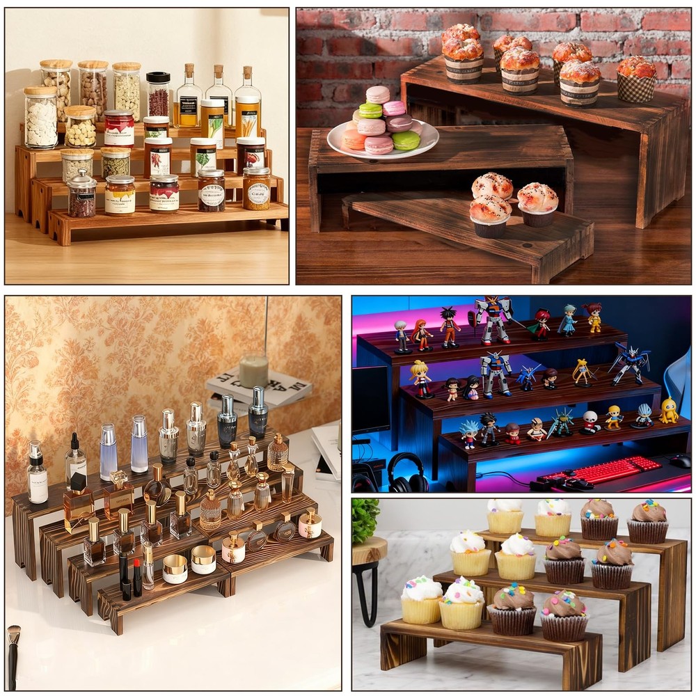 2 Set 8 Pack Tiered Wood Racks Decorative Rectangular Stands Farmhouse Decor ...