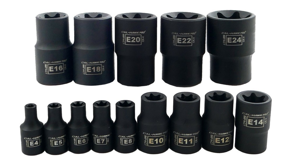 14-Pc Cr-Mo Female Star E-Torx External Bit Socket Set E4-E24 1/2" 3/8" 1/4" Dr.
