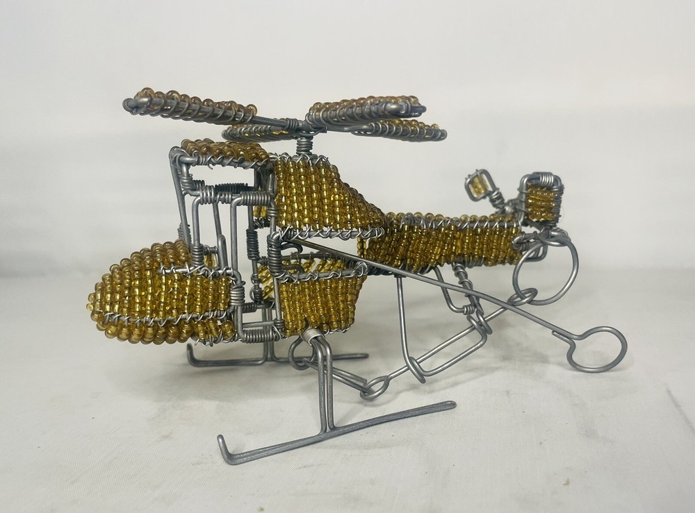Wire Beeded Sculpture Model Yellow Helicopter . Functional Propellers !