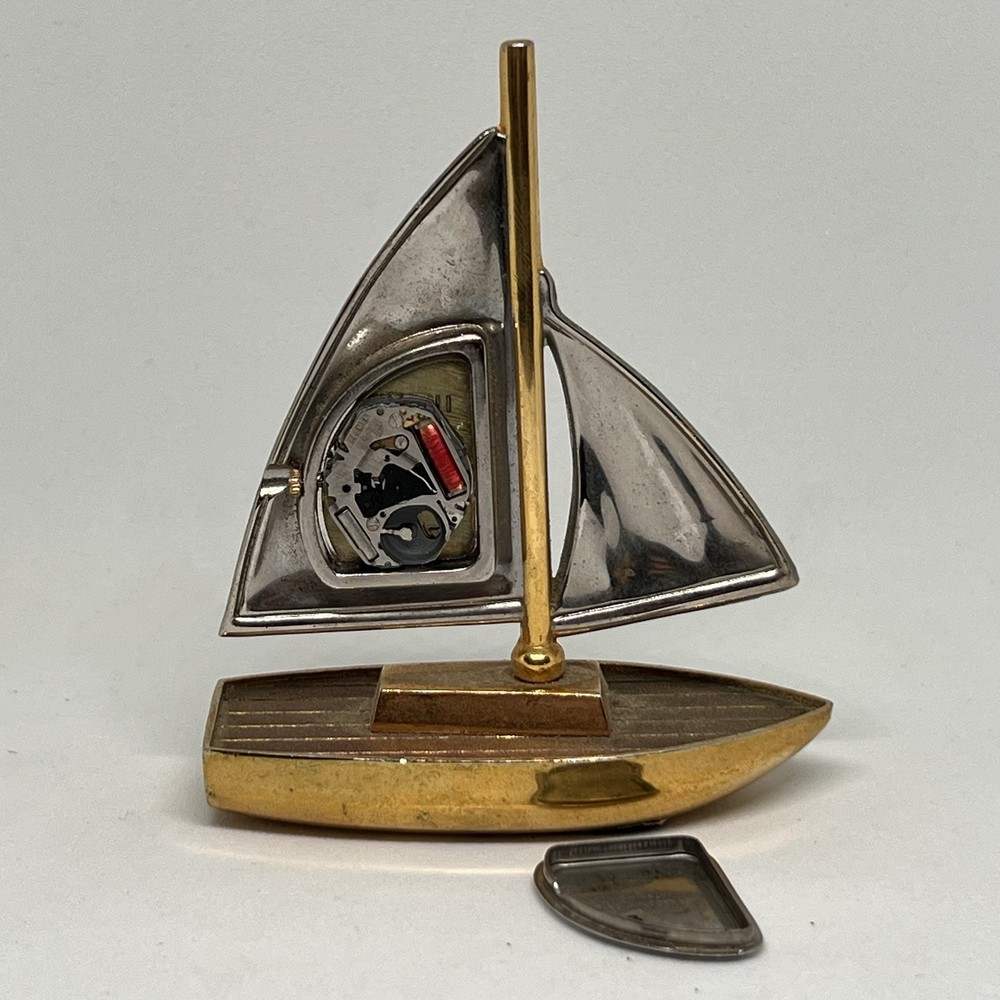 Elgin Miniature Brass Sail Boat Quartz Clock Untested
