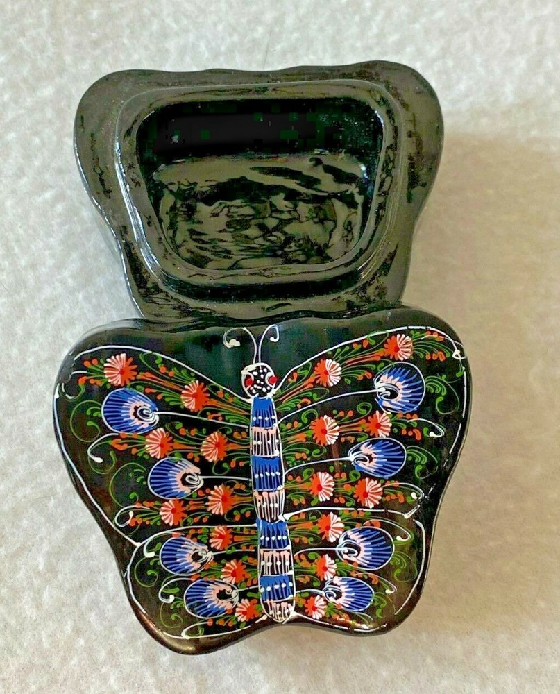 Hand Painted Black Lacquer Butterfly Box