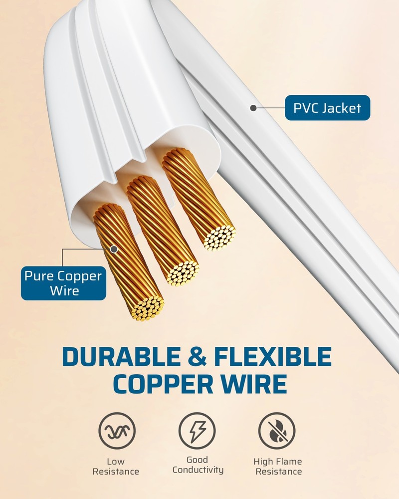 DEWENWILS 3FT 360° Rotating Flat Plug Extension Cord/Wire,2 Pack, White