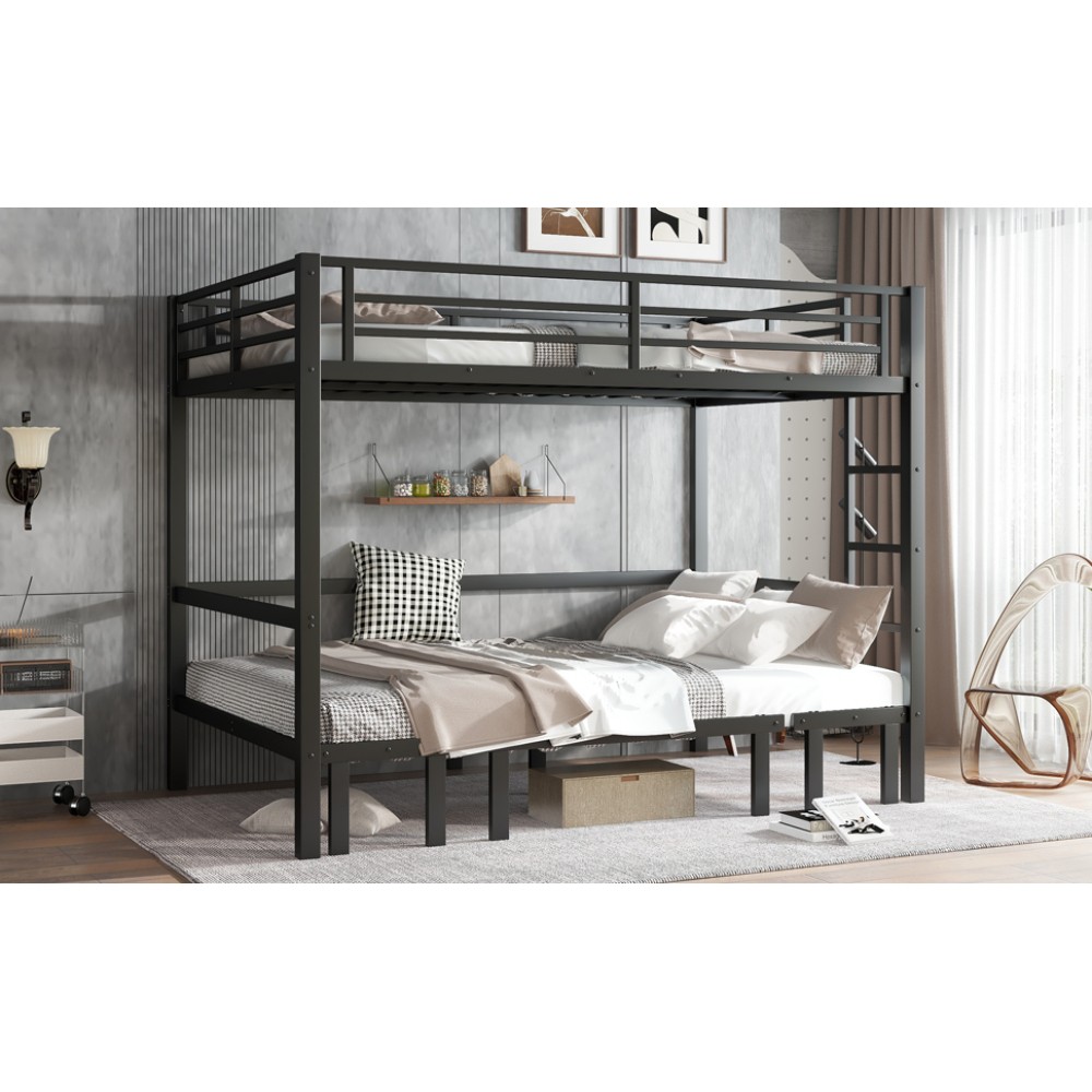 Queen over Queen Size Bed pull-out Metal Bunk Bed,lower bunk can be pulled out
