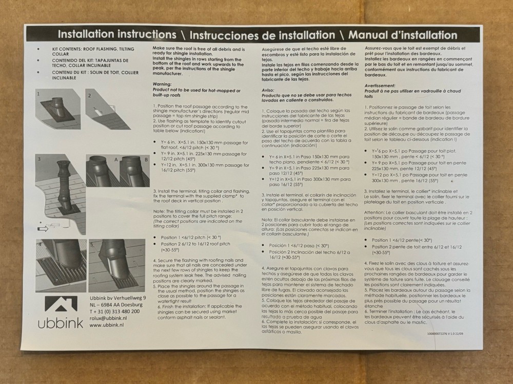 Rinnai 189950 Roof Flashing 1/12–6/12 Pitch Polymer Rubber Tankless Vent Kit NEW