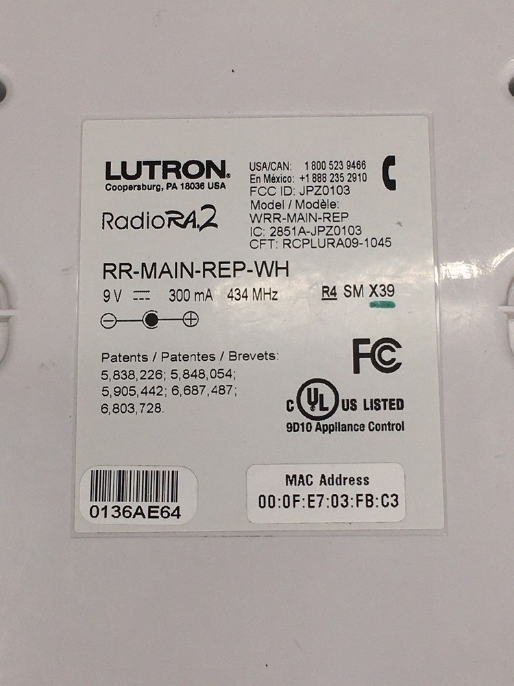 Lutron RadioRA2 RR-MAIN-REP-WH 120V Main Repeater Processor (DEN)