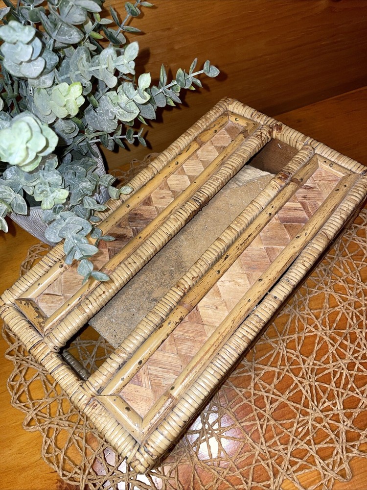 Vintage Tissue Box Cover Holder Bamboo Rattan Wicker Coastal Boho Rectangular