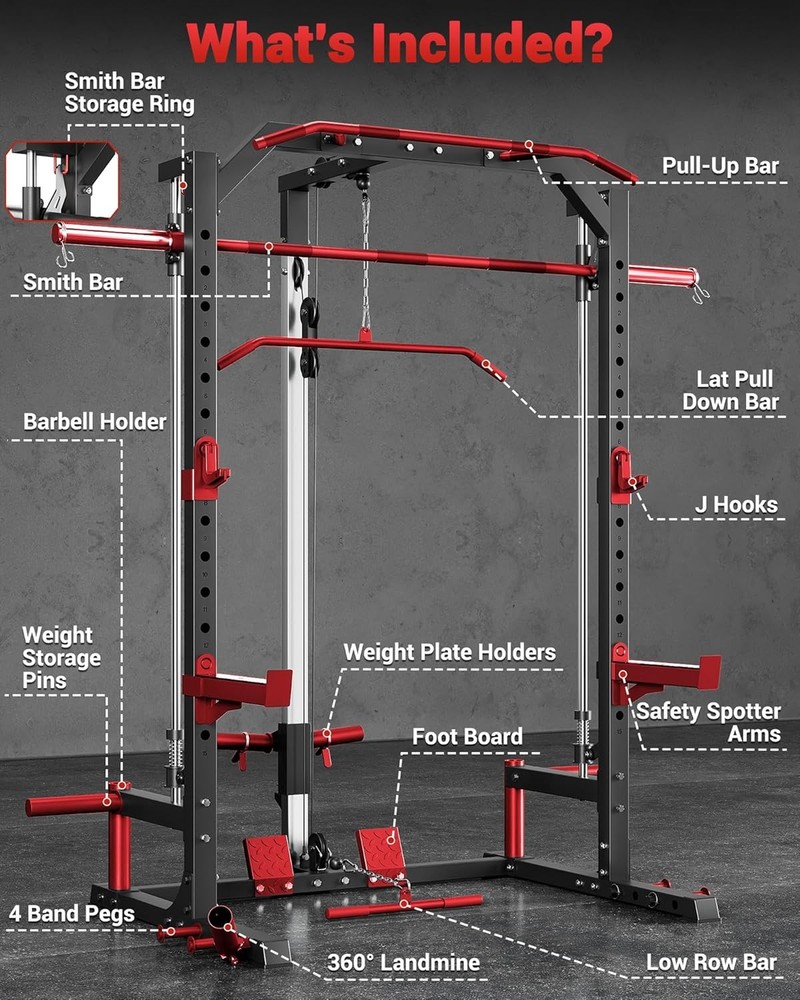 Multi-Functional Smith Machine Home Gym W Barbell Bar Cable System LAT Pulldown