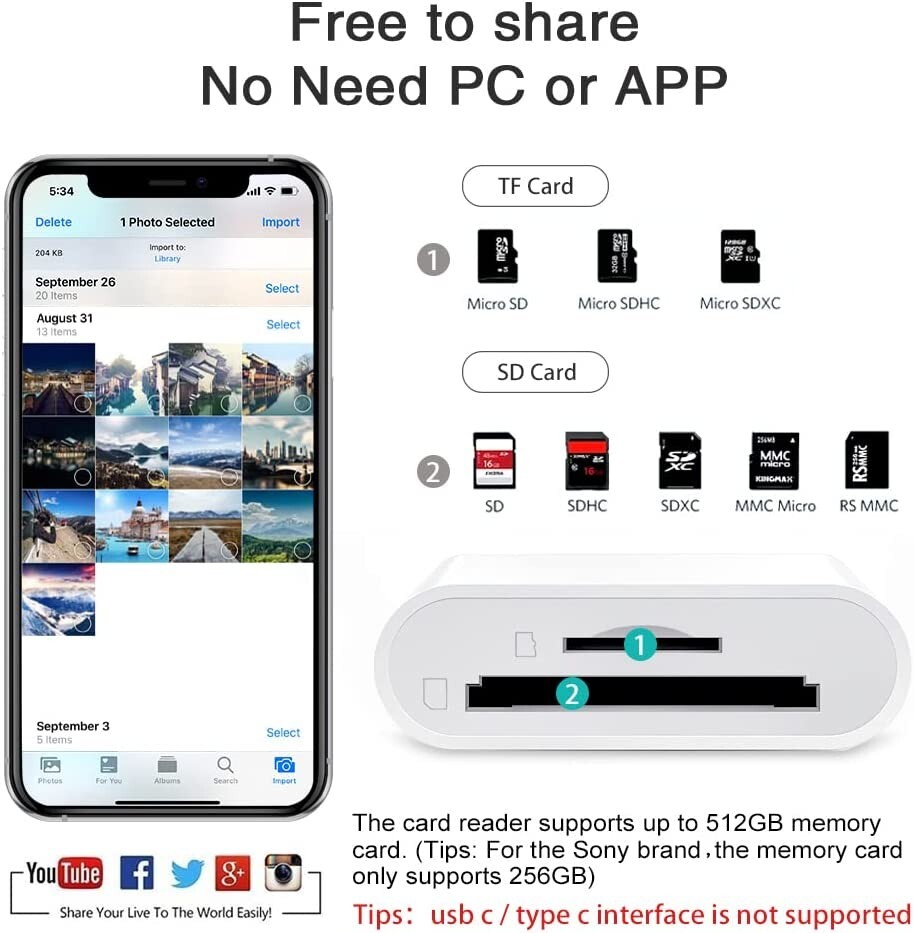Memory Card Reader TF & SD Card Camera Reader Adapter for iPhone iPad