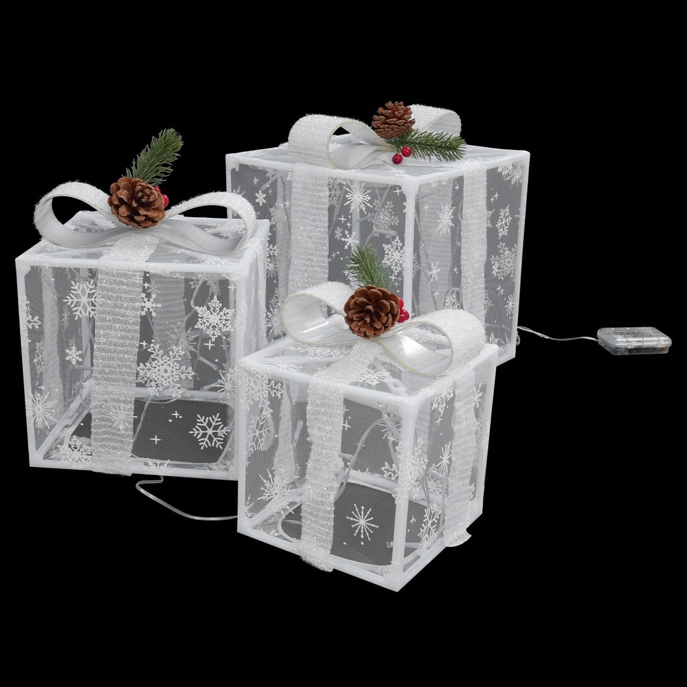 Set Of 3 Lighted Gift Boxes, 50 White Lights Present Box Lighted Display Decor