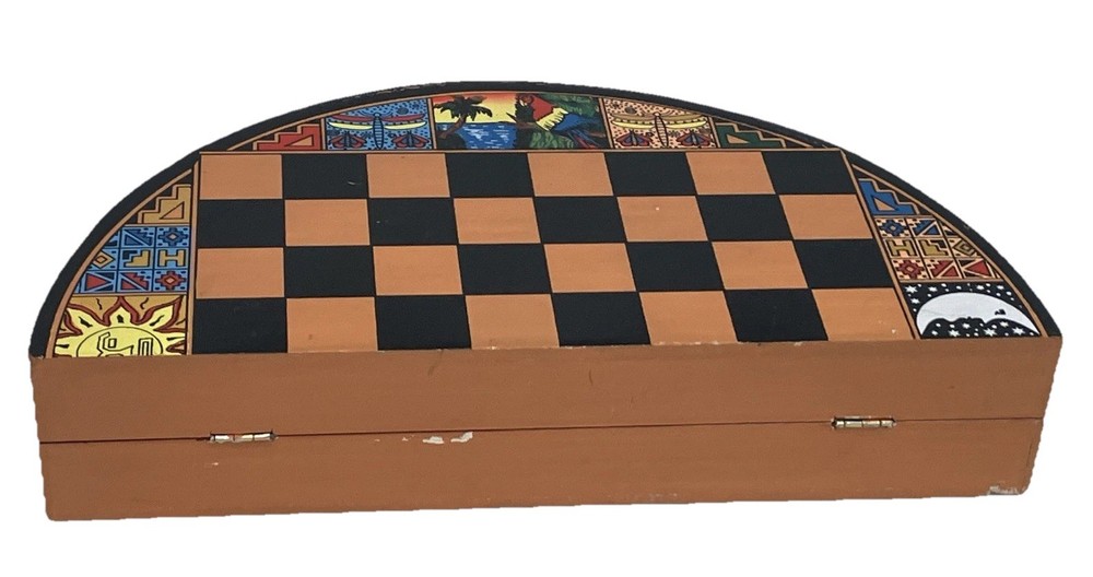 Vintage Handcrafted Peruvian Decorative Foldable Round Wooden Chessboard