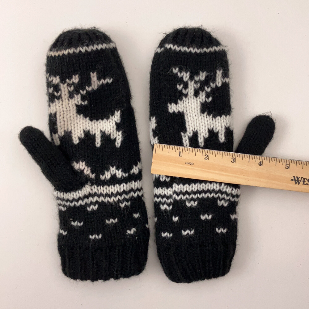 Cute Knit Black White Deer Winter Mittens Size Small