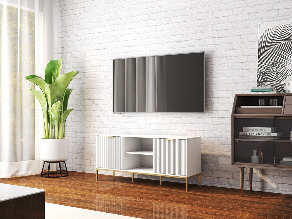Modern TV Stand with Wave-Design Doors, Open Shelf & Adjustable