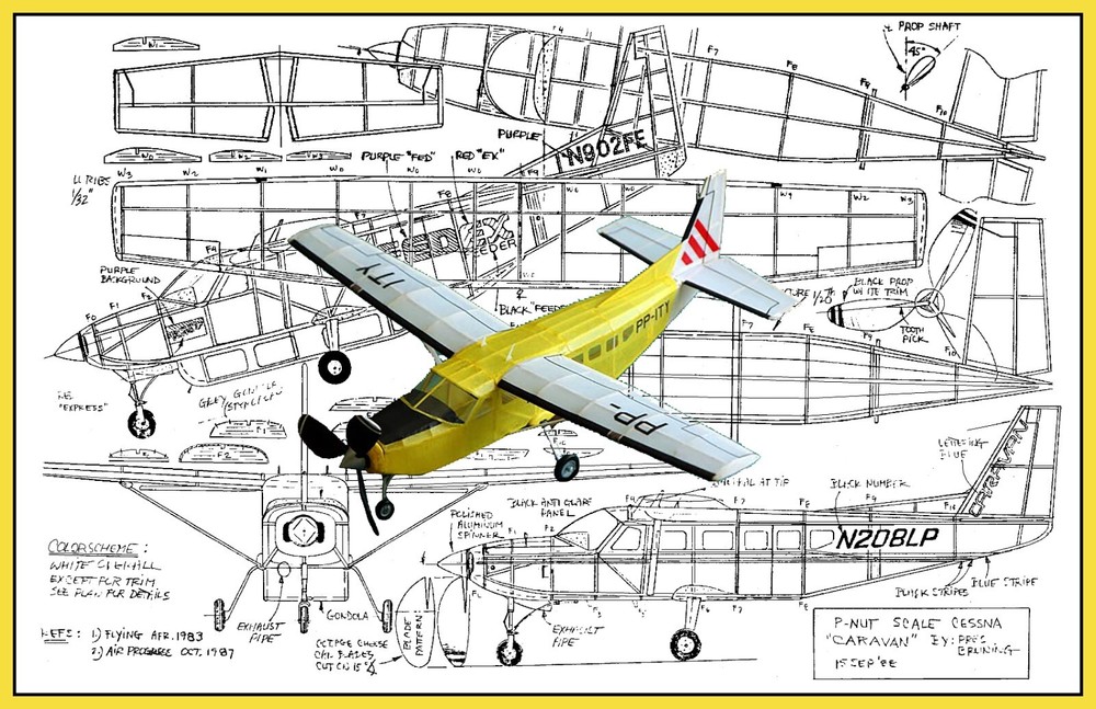 Peanut Scale Model Airplane Plans (FF): Cessna Caravan 13" Span Rubber-Powered