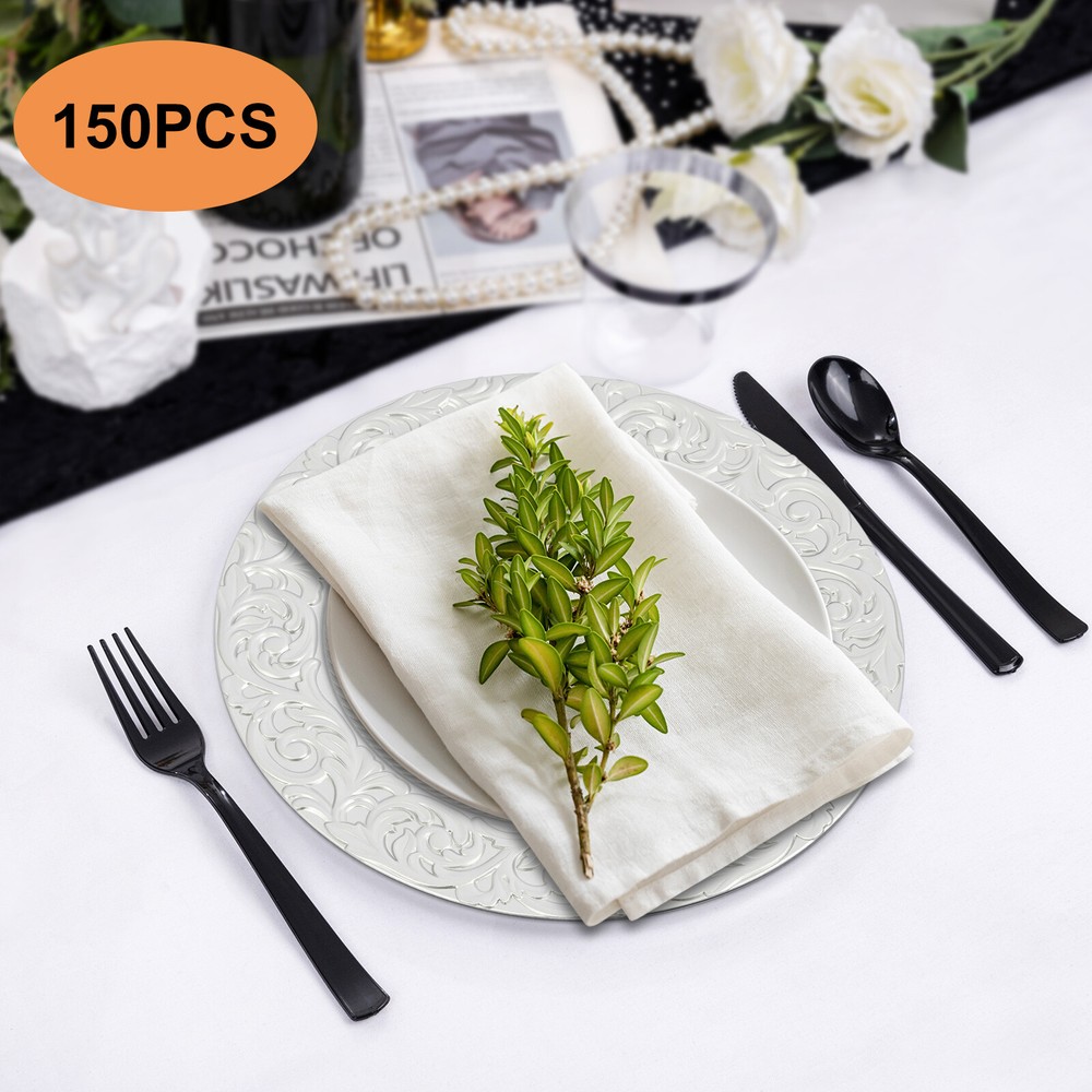 150pcs Plates Set, Silver Round Plates with Patterns, Reusable, for Restaurant