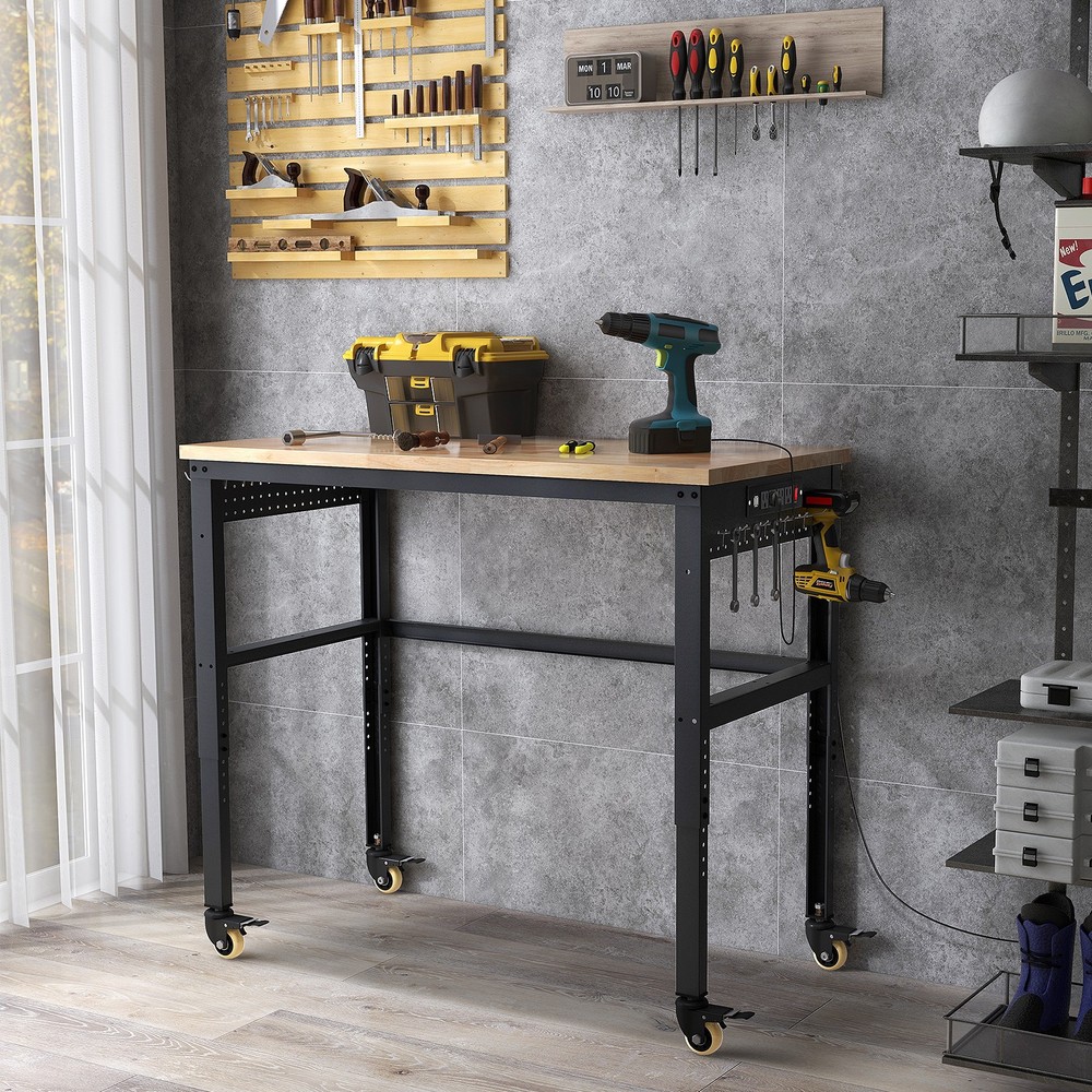 48" Adjustable Workbench w/ Power Outlet Universal Lockable Wheels Workshop