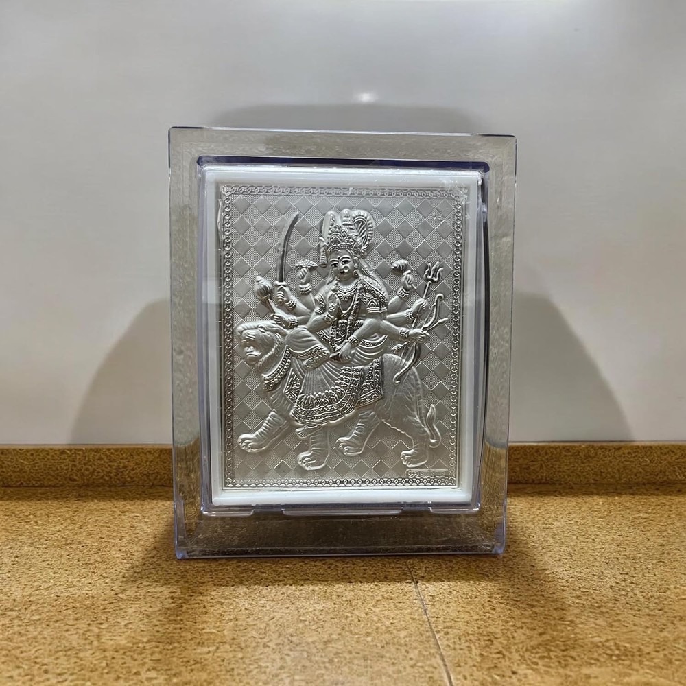 Pure Silver Devi Durga(Ambe Maa) Frame Tabletop Stand Suitable for Gift 11x9 Cm