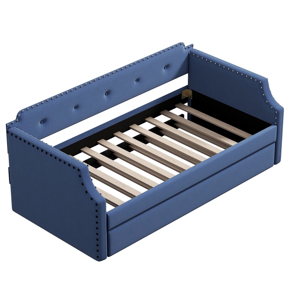 Twin Size Daybed w/ Pull-Out Trundle Bed Upholstered Bed Frame Sofa Bed Blue