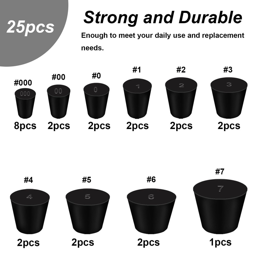 25 Pcs Black Rubber Stoppers 000#-7# 10 Assorted Sizes Lab Plug Set