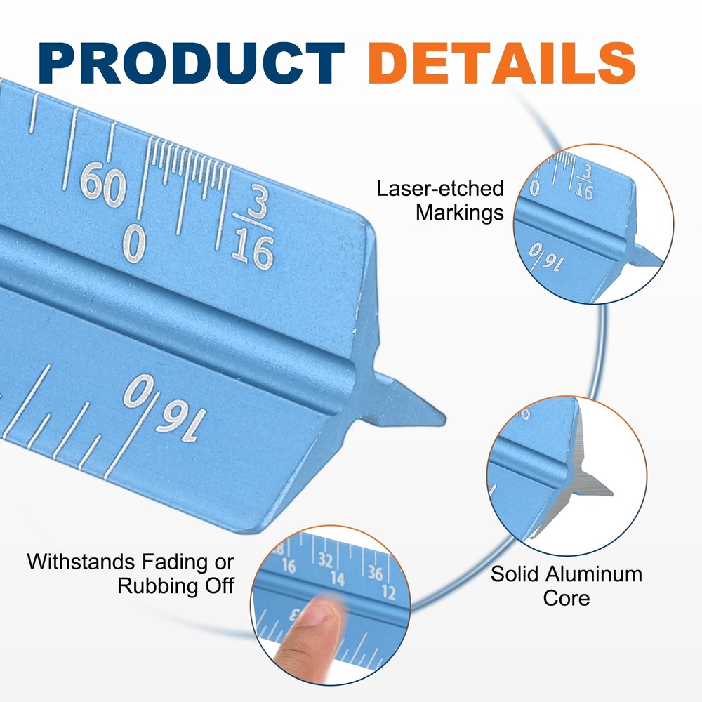 2 Pcs 7 Inch Imperial Architectural Triangular Scale Ruler Small Scale, Blue