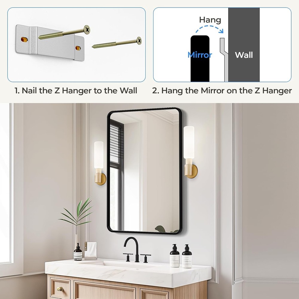 USHOWER 24x36" Black Bathroom Mirror Metal Frame Rectangle Wall Vanity Mirror